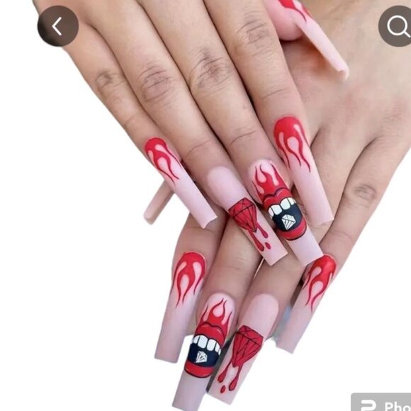24 pc "Lips n Flames" Long Ballet French Coffin Press on Nails set - Picture 1 of 2